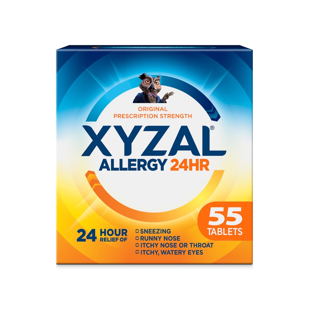 Xyzal 24-godzinny lek na alergię, Oryginalna przepisana siła Antyhistamina, Lewocetyryzyna Dichlorowodorek Tabletki 5 mg, 55