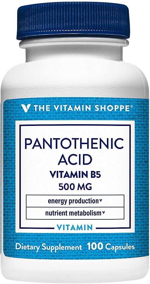 The Vitamin Shoppe Pantothenic Acid 500MG, with Vitamin B5, Supports Energy Production & Hair, Skin, Nails, Once Daily (100 Capsules)