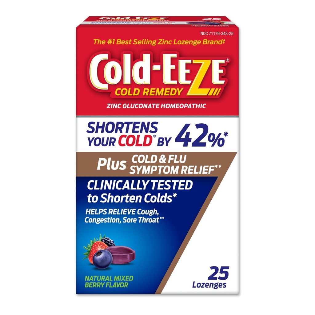 Cold- Eeze Plus Natural Mieszane Berry Cold & Flu Zinc Lozenges, Wieloobjawowe Relief, Homeopatic Cold Remedy, Zmniejsza czas trwania Common Cold, Sambucus Nigra do Relieve Cold & Flu Objawy, 25 Ct