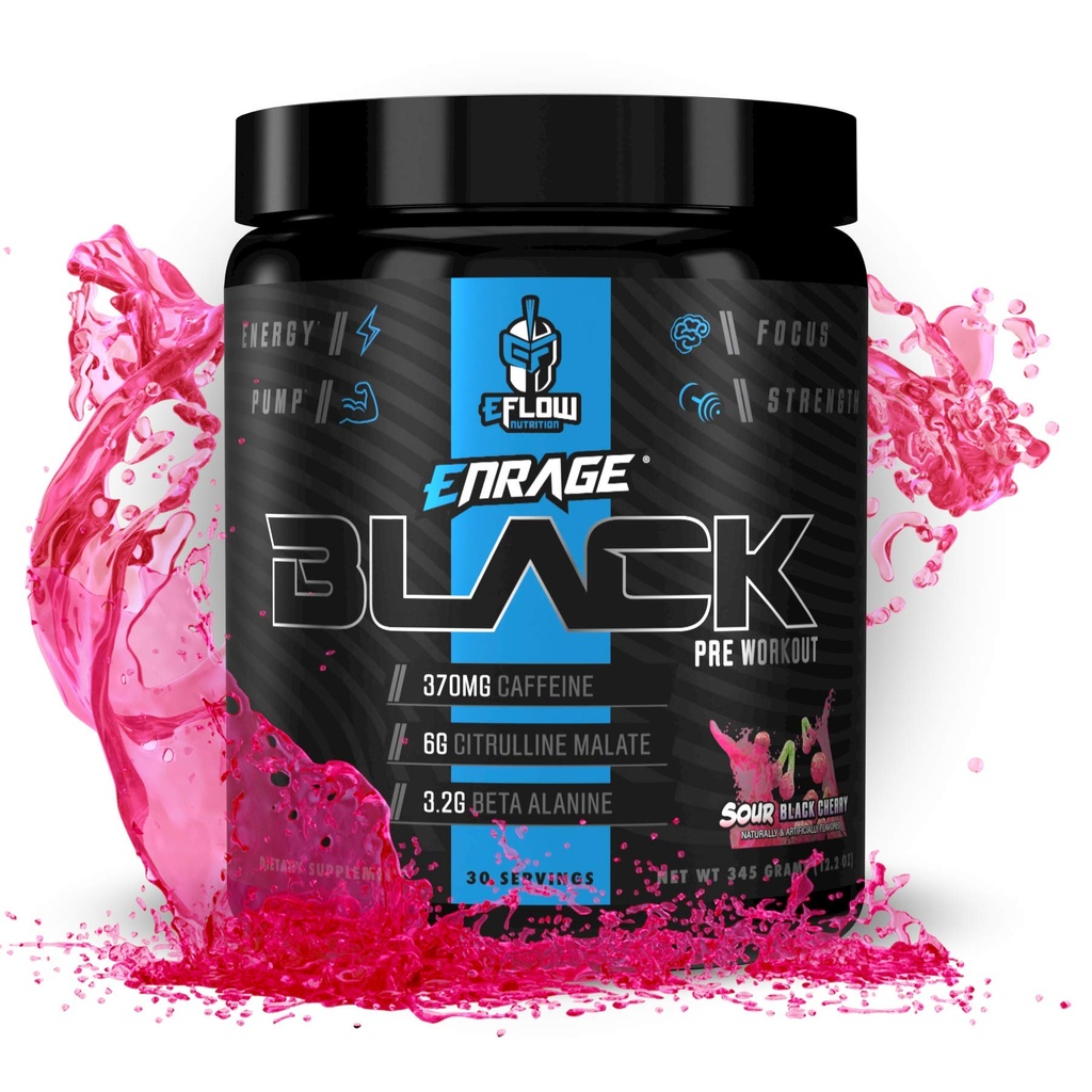 EFlow Nutrition Enrage Black Wysoka stymulant przed treningiem Suplement - Proch do zwiększenia energii, Pompy i wytrzymałość - 4 Flavors (30 Słupki) (Sour Black Cherry)