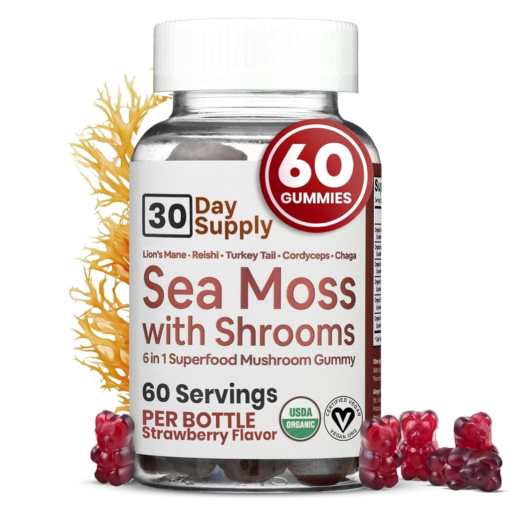 Sea Moss Gummies z Mushroom Mane Lions - Sea Moss Gel Alternative z irlandzkim Moss, Reishi, Cordyceps, Chaga & Turkey Tail Supplement - Focus Gummy Without Coffe- 60