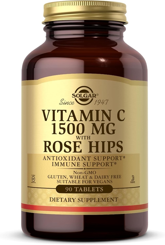 Solgar Witamina C 1500 mg z Rose HIPS, 90 Tabletki - Przeciwutleniacz & Wsparcie immunologiczne - Ogólny Zdrowie - Wspiera Zdrową Skórę i Łączniki - Non-GMO, Wegan, Gluten Free, Mleko wolne, Kosher - 90 Sługi