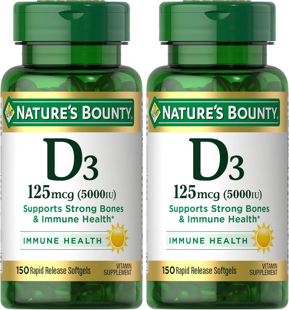 Nature 's Bounty Witamina D3, Wsparcie immunologiczne i kości, 5000IU, Softgels szybkiego uwalniania, 150 Ct (Opakowanie po 2)