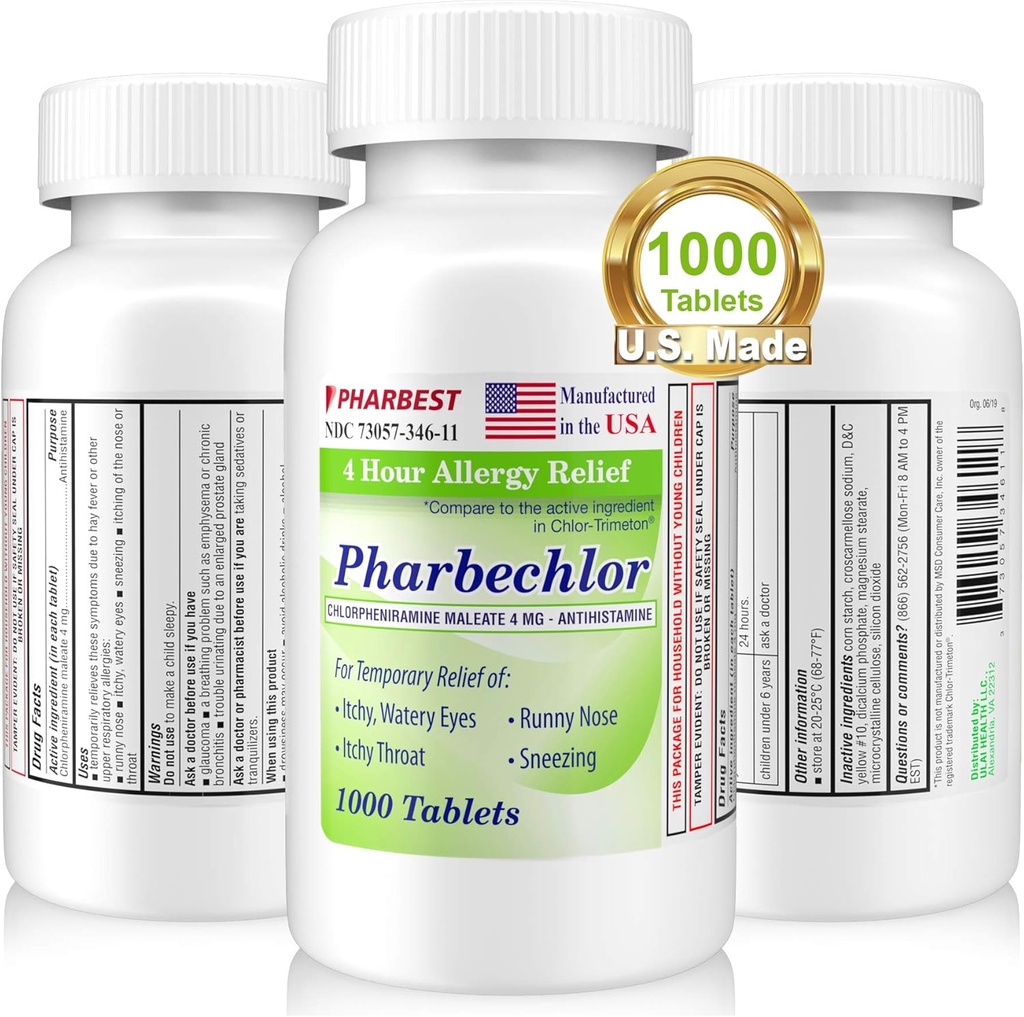 Ulai 4 Hour Allergy Relief 1000 Ct [Made in USA] Relief 124; Swędzenie, Wodne Oczy, Nose Runny, Sneezing, Sinus Relief Relief Relief 124; Chlorfeniramina Maleate 4 mg Etiopian 124; Antyhistaminowa Alergia Medicine Pharbechlor (1 butelka)