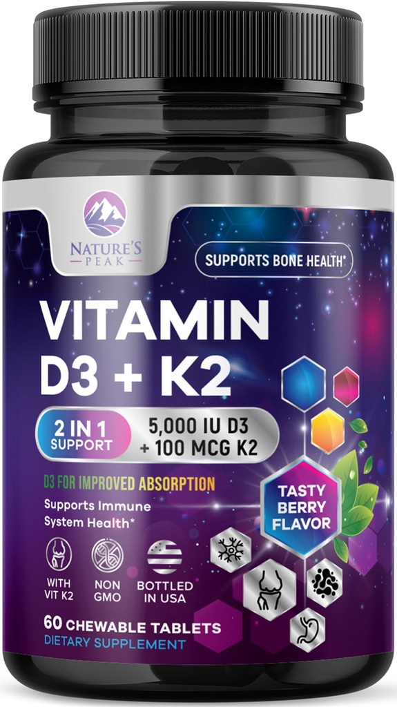 Witamina D3 K2 - 5000 iu Witamina D3 & 100 µg Witamina K2 (MK- 7) Kompleks do wspierania immunologicznego - kości, zębów i mięśni Wsparcie zdrowia - Berry Chewable, Gluten Free, Non-GMO, Butelka w USA - 60 Tabletki