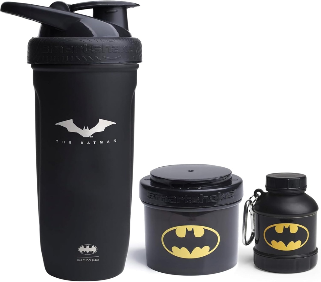 Smartshake DC Comics Bundle - Batman Stainless Steel Protein Shaker 900ml z lejkiem 110ml i pojemnikami do przechowywania 200ml.