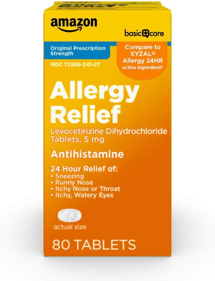 Opieka podstawowa 24-godzinna ulga alergiczna, lewocetyryzyna Dichlorowodorek tabletki, 5 mg antyhistaminy do kichania, katar, węch lub gardło i swędzenie, wodnisty oczu, 80 Count Pack