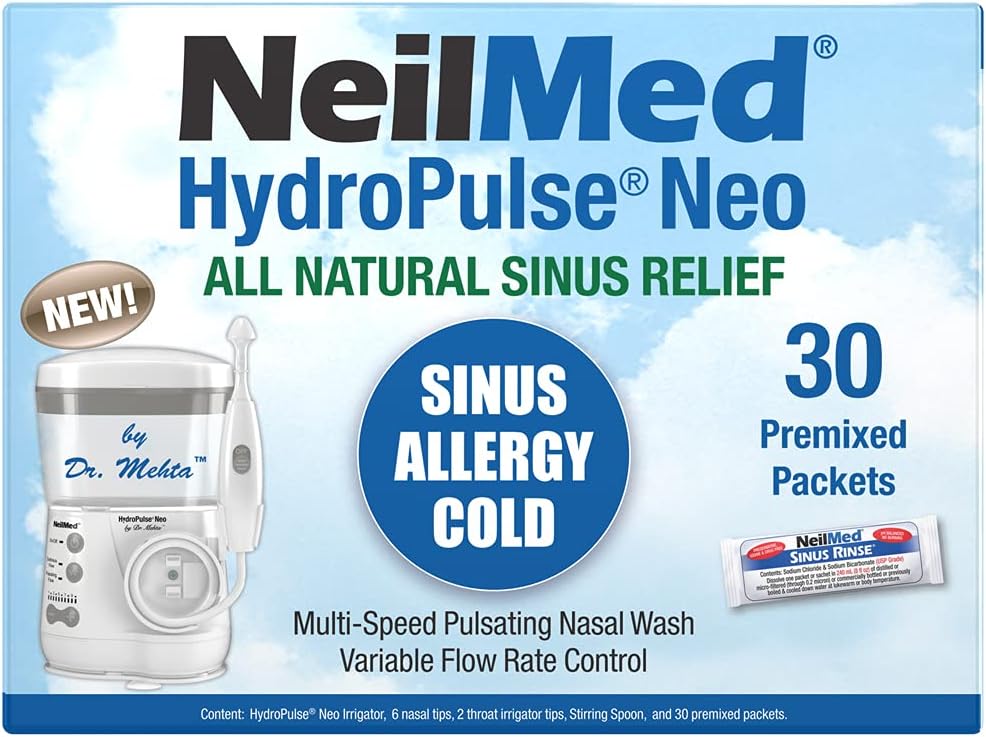 NeilMed HydroPulse Neo. Multi- Speed Electric Pulsating Nasal Sinus System nawadniania z 30 Sinus Rinse Premixed Pakiety.