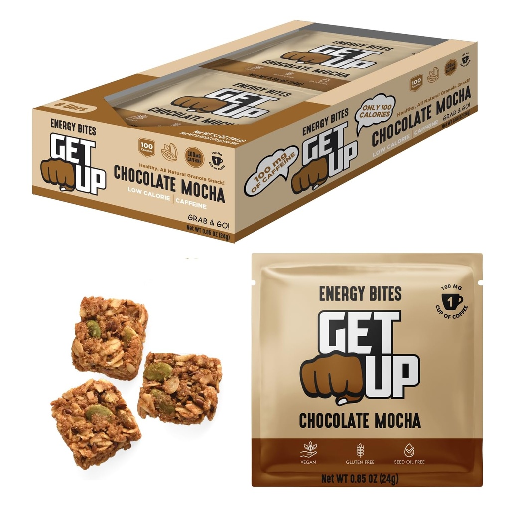 GetUp - Kofeina Granola Bites - Czekoladowy Mocha (10 Pack) - 100mg Kofeina Energy Bites - Niskie kalorie, Bezglutenowe, 0 Oleje nasienne - Wstępny trening Przenośny Przekąski - substytut kawy - Niska energia cukrowa