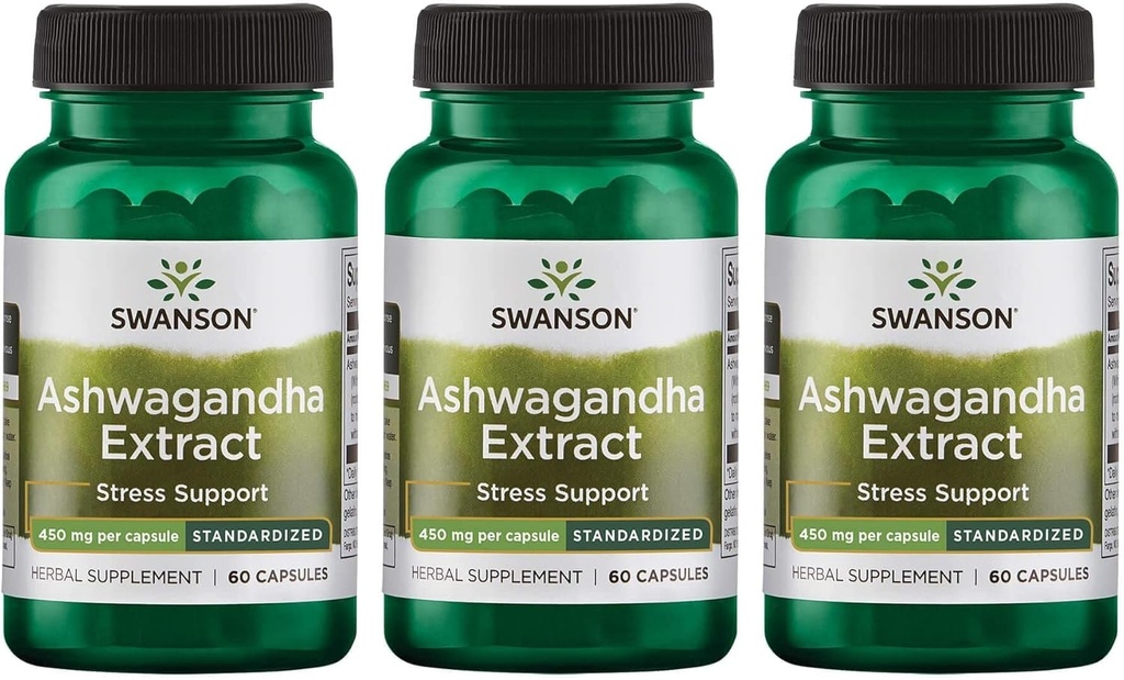 Swanson Ashwagandha Extract- Natural Supplement Promowanie zdrowej reakcji na stres, Wsparcie energetyczne i system nerwowy Zdrowie - Ayurvedic Suplement dla naturalnych Wellnes- (60 kapsułki, 450mg każdy) (3 opakowania)