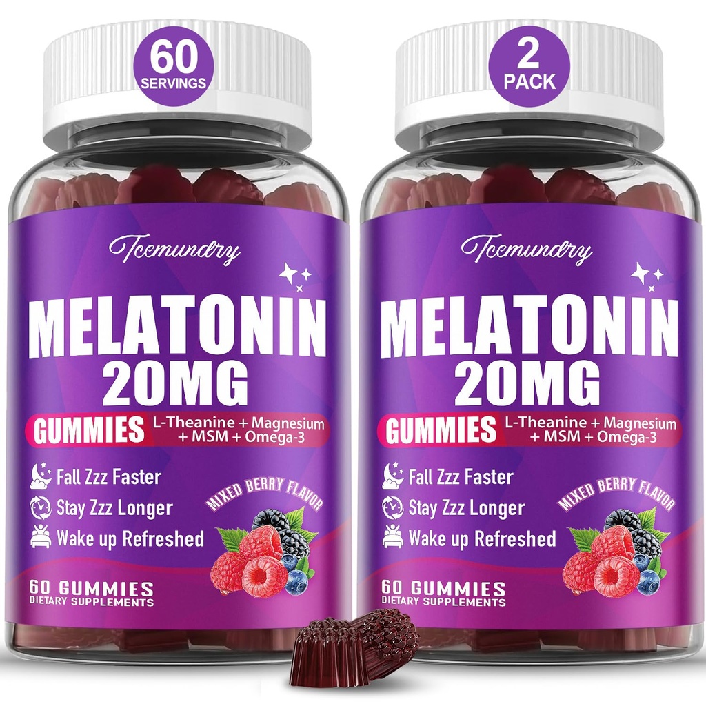 Melatonina Gummies 20mg dla dorosłych - Maksymalna siła Melatonina Gummies z L- Theanine, Magnez, Omega-3, MSM, D3 & Zinc - Non-Habit Forming, Wegan, Nie GMO, Naturalne mieszane Berry Flavor