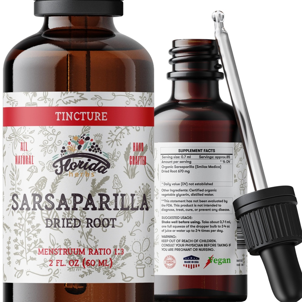 Sarsaparilla Tincture, Organic Sarsaparilla Extract (Smilax Medica) Dried Root, Non-GMO in Cold- Pressed Organic Vegetable Glycerin 2 oz, 670 mg