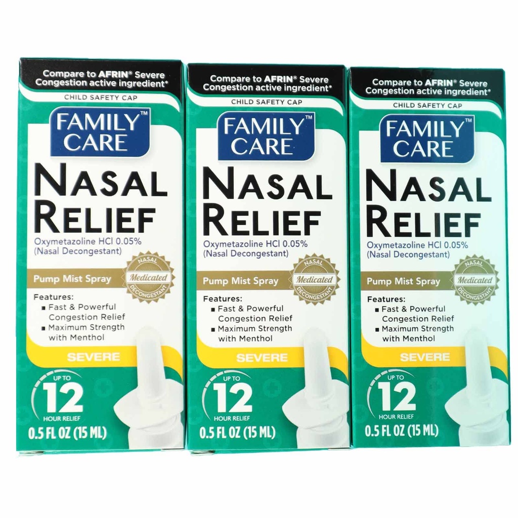 FamilyCare Nasal Relief Spray, Pompa Mist, Antykroplówka, Ciężkie zatory, (Oxymetazoline HCI) 12 godzin, 3 opakowania