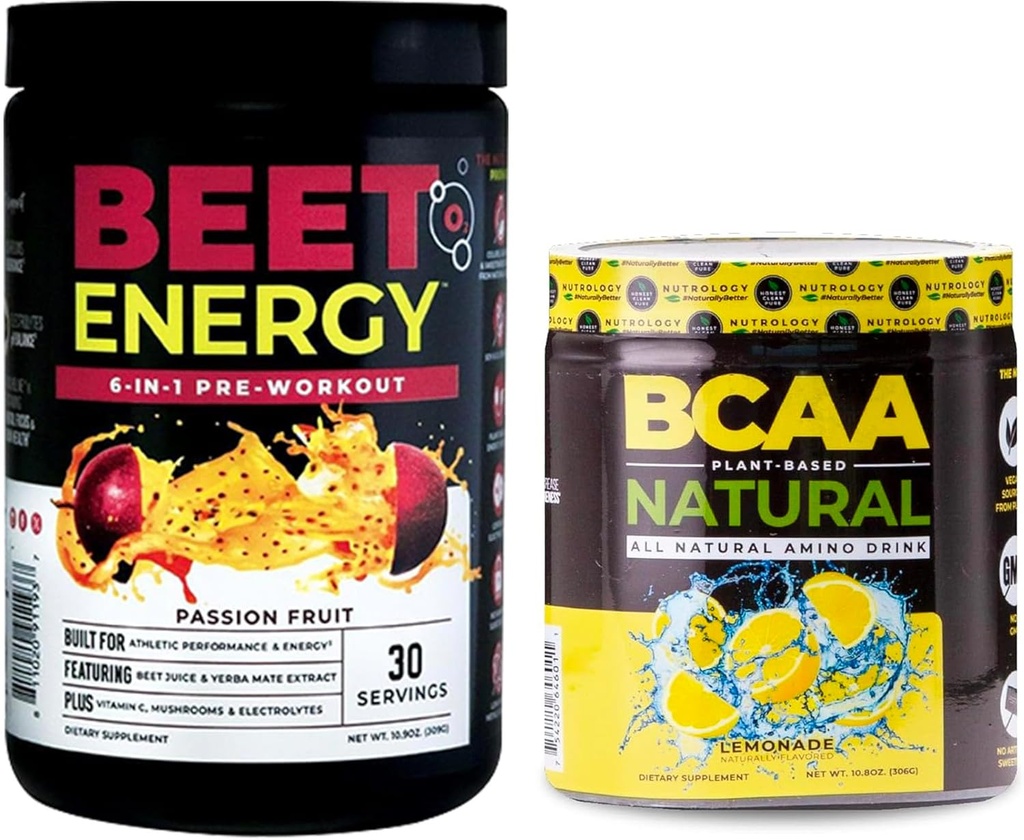Nutrologia Buraki Natural O2, przed treningiem w proszku, Passion Fruit Flavor (30 Servings) BCAA Natural, Plant Based BCAA Proszek, Lemonade Flavor (30 Servings)