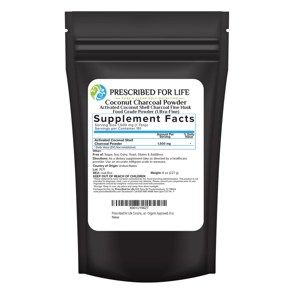Przepisany do życia Aktywowany węgiel w proszku, łuska kokosowa Węgiel w proszku Ultra Fine Husk Food (8 oz)