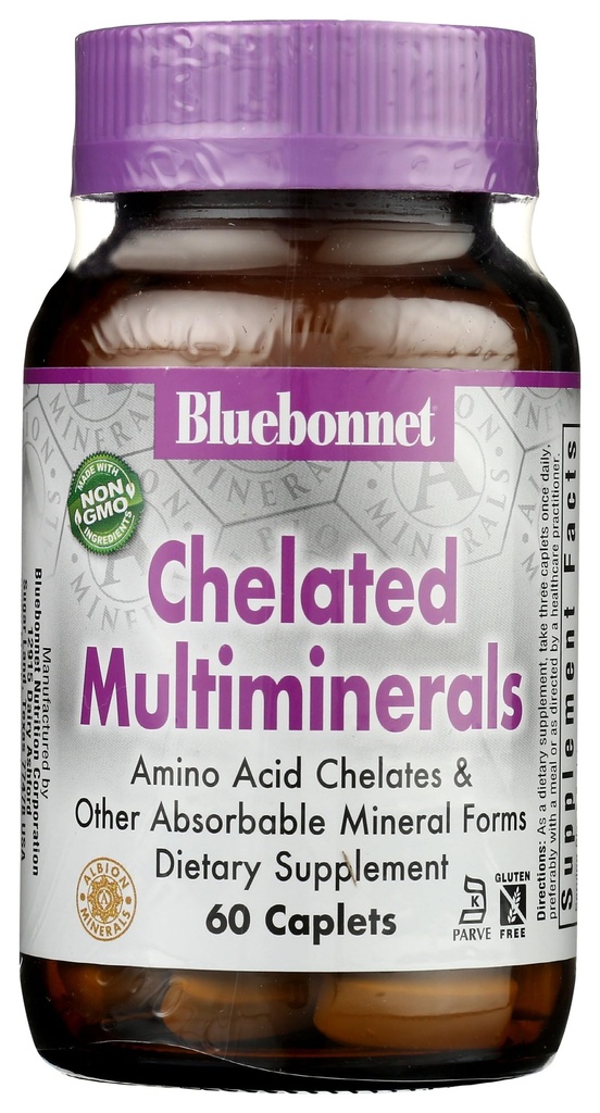 Bluebonnet Nutrition High Potency Chelated Multiminerales, Albion Chelated Minerals, Soy- Free, Gluten- Free, Non-GMO, Kosher Certified, Dairy-Free, 60 Caplets, 20 Servings