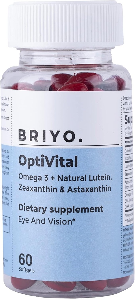Briyo Optivital Eye Health Supplement z luteiną, Zeaksantyną, Astaksantyną i Omega 3 - Wspiera Visual Clarity, Ekran Fatigue Relief and Long Term Retinal Health - One a Day, 60 Softgels