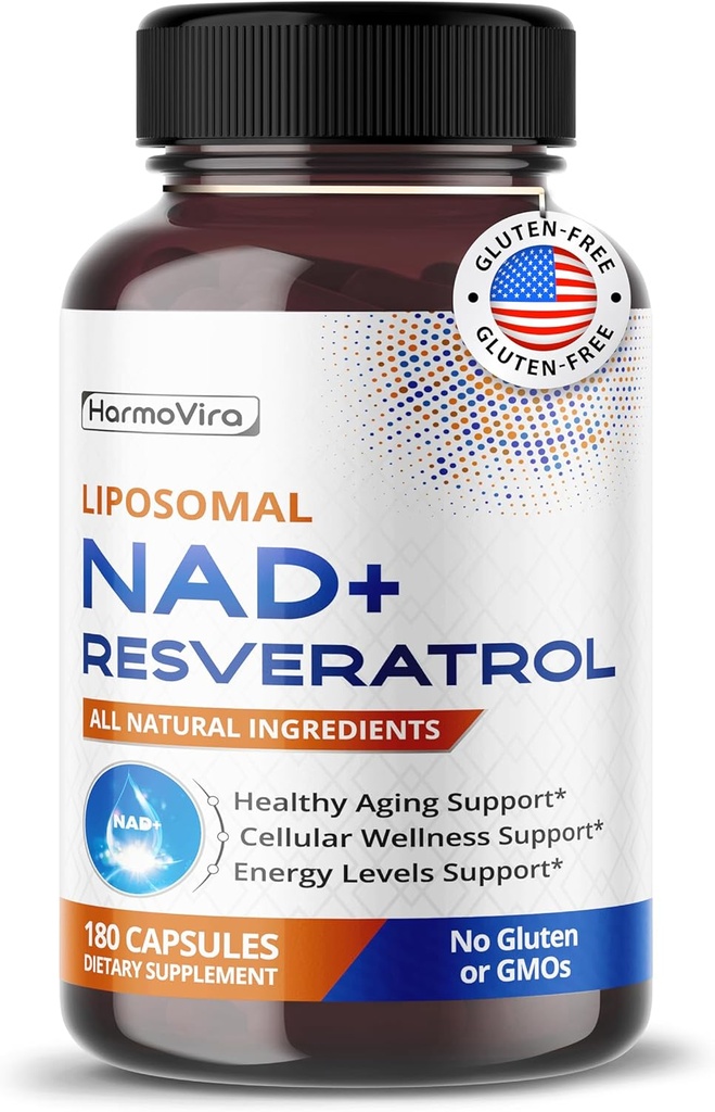 Liposomal NAD + 600mg z Resveratrol 200mg dla energii komórkowej i zdrowego starzenia - 180 Kapsułek - Vegan, Non-GMO, USA Made