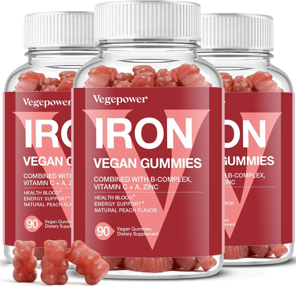 Iron Gummies Supplements for Women & Kids - Multivitamin with Iron for Blood Oxygen, Great Tasting Gummy Vitamins with Vitamin C for Max Absorption - Vegan Chewable, Peach Flavor(3 Packs)