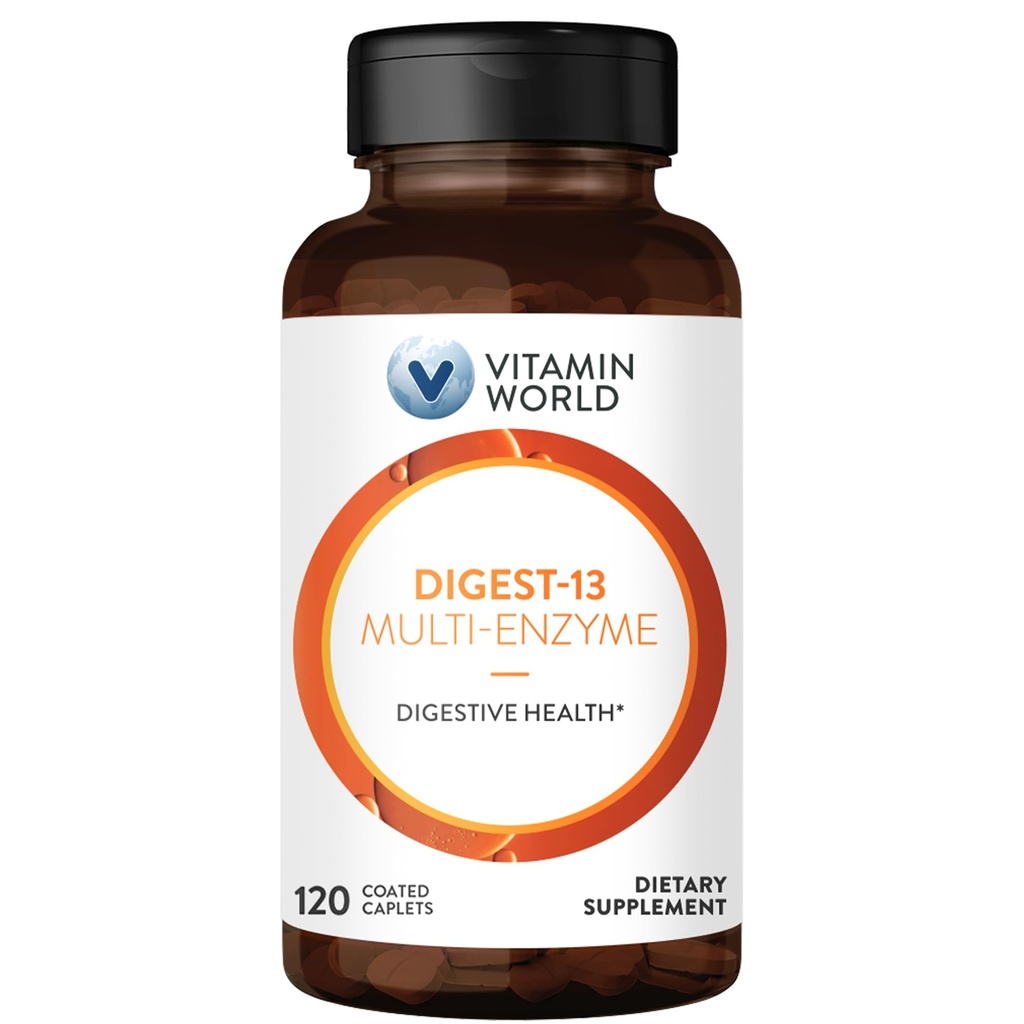 Vitamin World Digest-13 Multi-Enzyme, 1010mg Digestive Enzymes Blend with Amylase, Bromelain, Papain & Lipase for Digestion and Absorption, Digestive Enzymes for Bloating & Gas, 120 Caplets