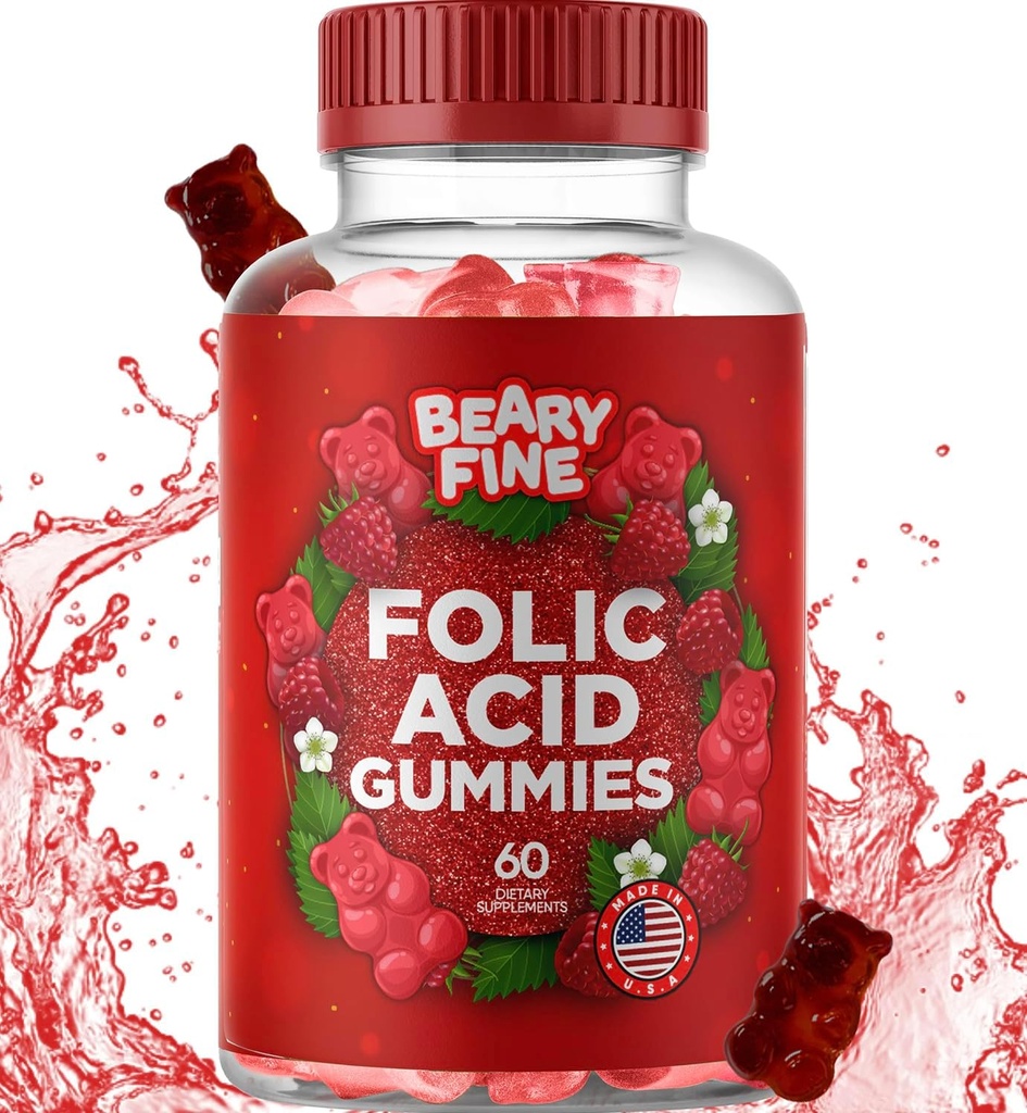 Folic Acid Gummies 400mcg - Esencjalny Prenatal & ciąża Gummy dla kobiet, mamy i dziecko być - 60 Malina aromat folate Gummy witaminy - Made in USA