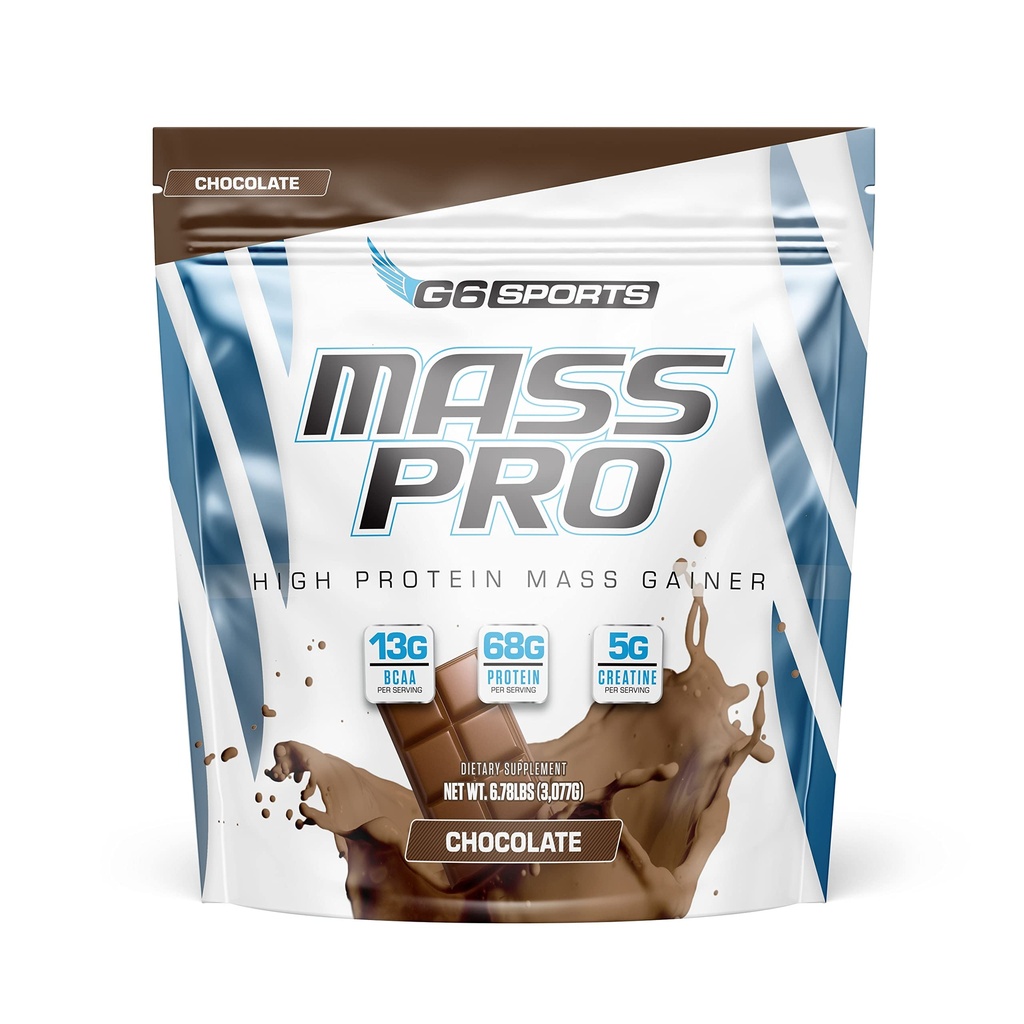 G6 Sports Nutrition Mass Pro High Protein Mass Gainer (64 g Protein, Avocado Powder, Coconut Oil Powder, MCT Oil Powder) - 7lb Bag - Czekolada