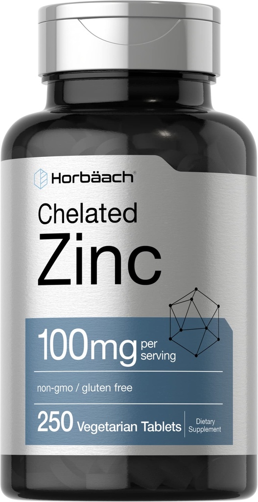 Horbäach Chelated Cynk Suplement 100mg 124; 250 Tabletki 124; Wysoka potencja & Superior Absorpcja 124; Wegetarianin, Non-GMO, Gluten Free