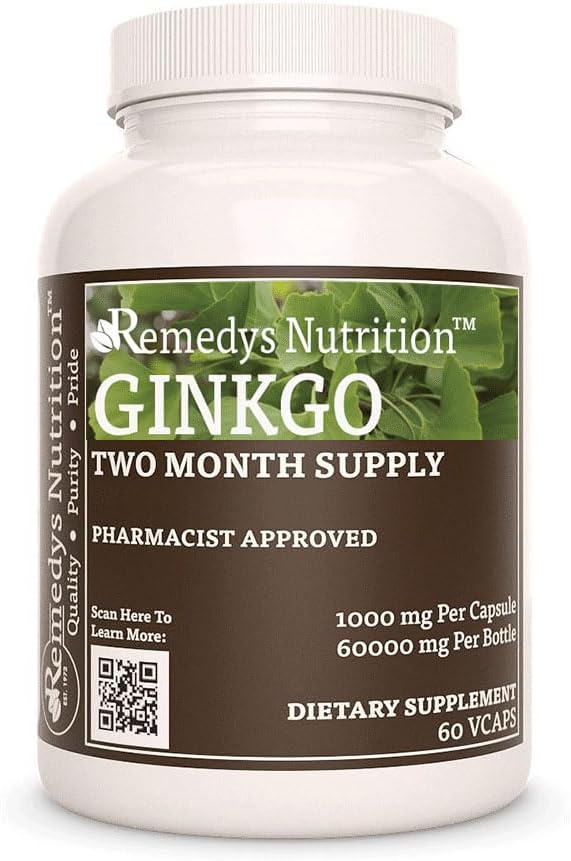 Żywienie Remedy 's Ginkgo Biloba 124; 1000 mg, 60 Kapsułek Wegańskich Ziołowych Suplement diety 124; Dwa miesiące dostaw