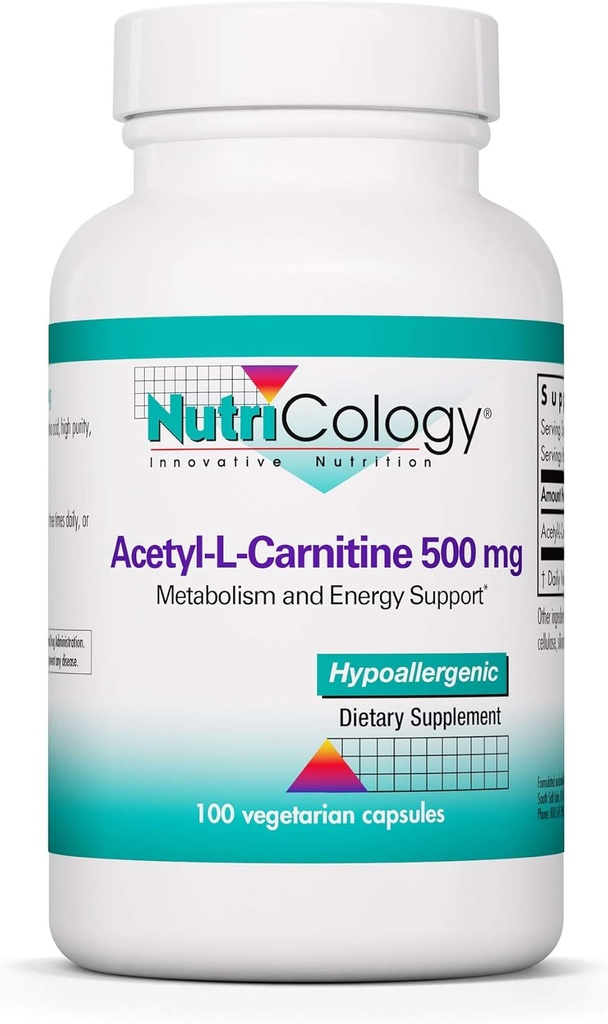 Nutricology Acetyl- L- Karnityna 500 mg Suplement - Metabolizm i Wsparcie Energetyczne, ALC, Wolny Acid Amino, Kapsułki wegetariańskie - 100 Liczba