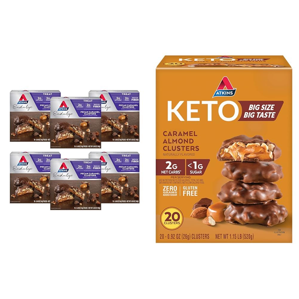 Atkins Pecan Karmel & Karmel Gromadniki migdałowe, 60 & 20 Hrabia, Wysokie włókno, niski cukier, niskie węglowodory