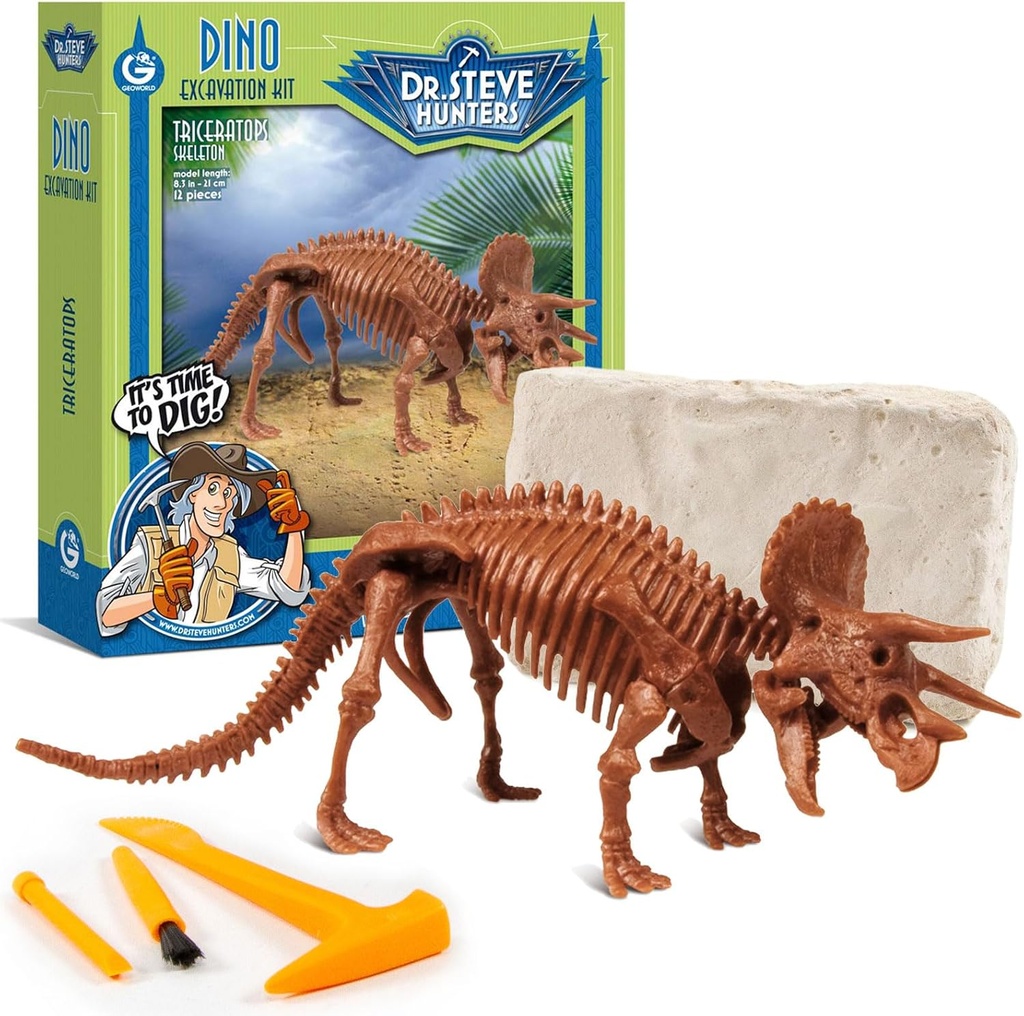 Geoworld Triceratops Dino Dig Kit - Zbierz 8- Inch Autentyczny Dinozaur Szkielet Model - Ultimate STEM Learning Experience for Kids Ages 6 +