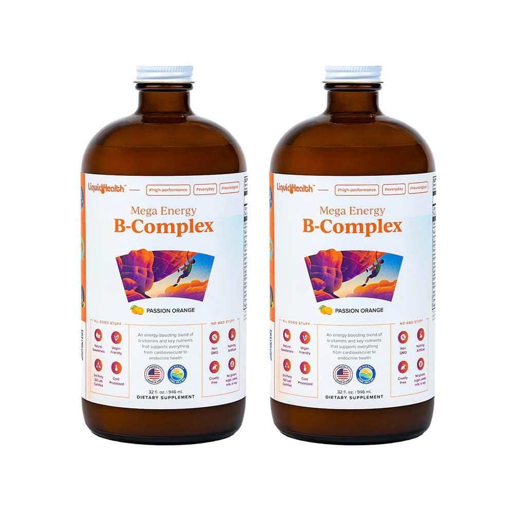 LiquidHEALTH Mega Energy Methylled B- Complex, Dorosły płynny suplement witaminy - Zwiększenie energii, Relieve Stress & Zmęczenie, Immune Support, Heart & Gut Health - Made in USA, Wegan, Sugar- Free (2 Pack)