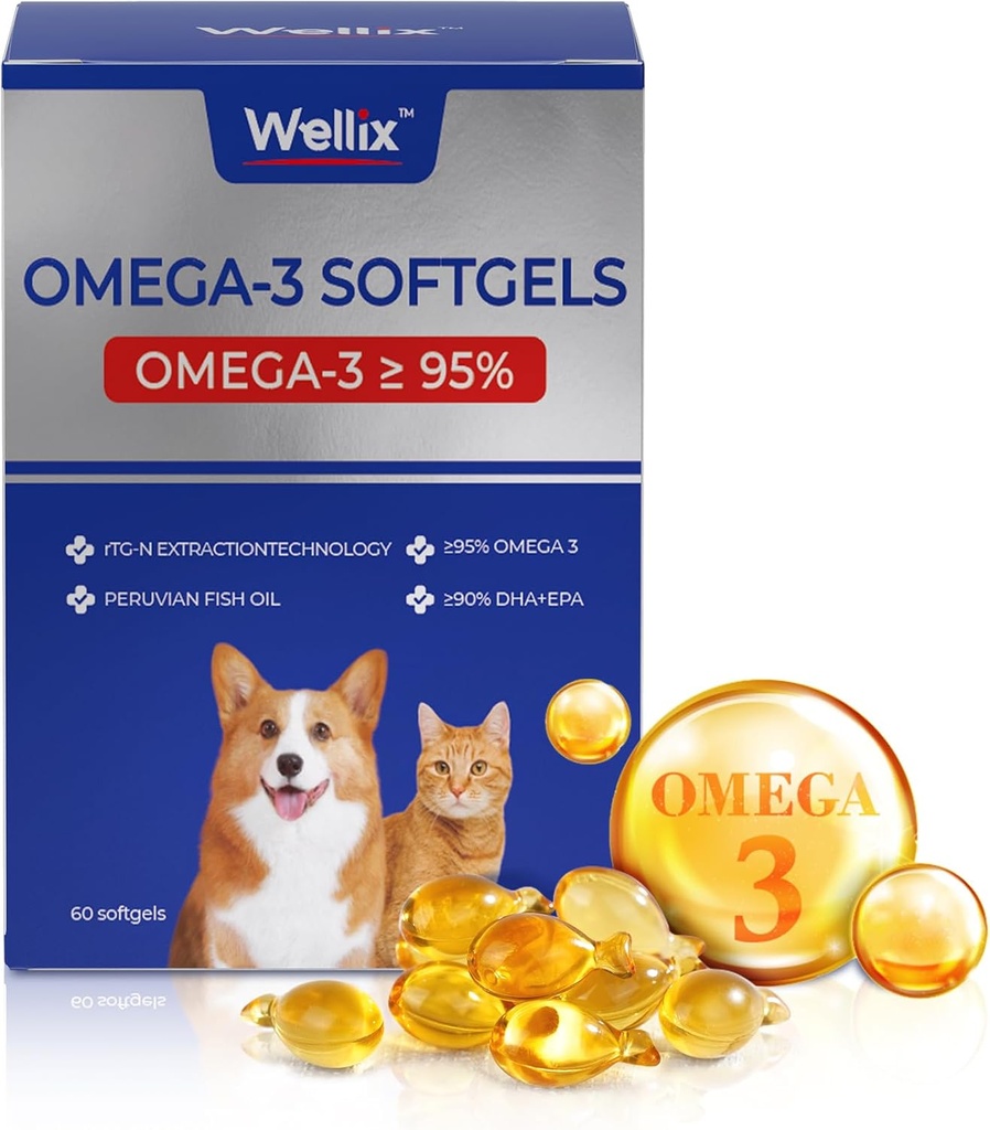 Wellix Pure Omega 3 Fish Oil for Dogs & Cats, Skin and Coat Supplement for Shedding, Promotes Heart, Skin, Coat, Joint, & Immune Health Assembly Omega 3, bogaty w EPA + DHA, 60 Softgels