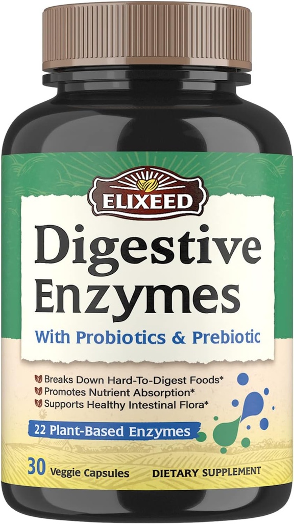 Enzymy trawienne Plus Probiotyki i Prebiotyki, 22 Enzymy trawienne z Amylazą, Protekcją, Laktazą i Więcej, Maksymalna moc, do zdrowej trawienia, Wegan, Non-GMO, 30 Czapki