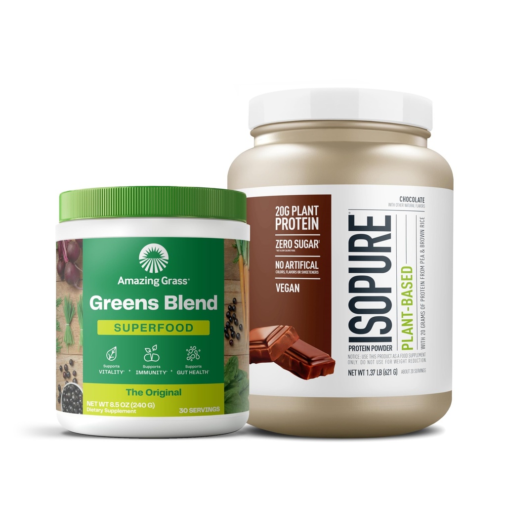 Paleta niesamowitych zieleni trawy Superfood Proszek: Oryginalny, 30 Słupki + Izopura Czekoladowy Wegański Proszek Białko, Roślina oparta, Organic Pea Protein, Wolny od mleka, 20 Słupki (Packaging May Vary)