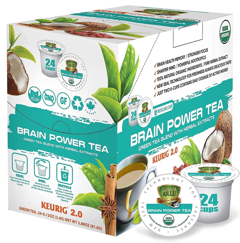 SOLLO Brain Power Organic Green Tea Pody z MCT, Acai & Esential odżywiania, Nootropic Brain Booster - Poprawia pamięć i ostrość kompatybilny z 2,0 K- Cup Keurig Brewers, 24 Ct