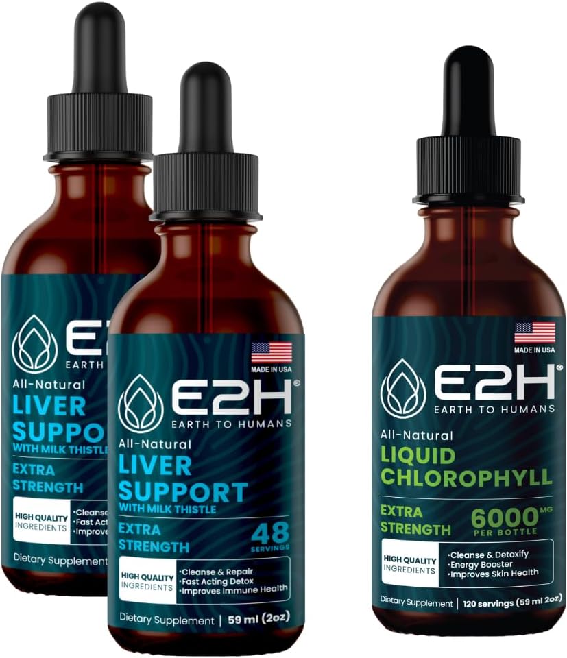 E2H: Suplement do Podparcia Wątroby (2 Pack - 4 Fl Oz) i Krople Płynne Chlorofilu (1 Butelka - 2 Fl Oz) 124; Wegan, Non-GMO - (6 Fl Oz Total) - Paczka