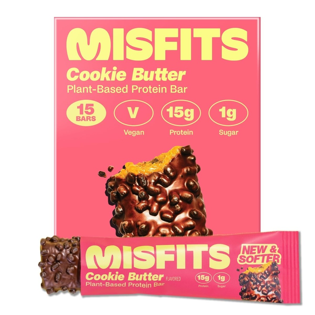 Misfits Wegan Protein Bars, Masło Cookie - Aktualizacja przepisu 124; Roślina oparta, niski cukier & węglowodany, Wysokie przekąski włókno 124; Opakowanie po 15