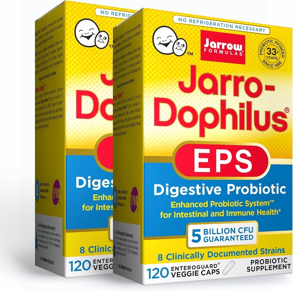 Jarrow Figuras Jarro- Dophilus EPS - 5 Billion Organizmów Per Serving - 120 Enteric Coated Veggie Caps, Multi- Strein Probiotic - Zdrowie jelitowe i immunologiczne, 120 Hrabia (Opakowanie 2)