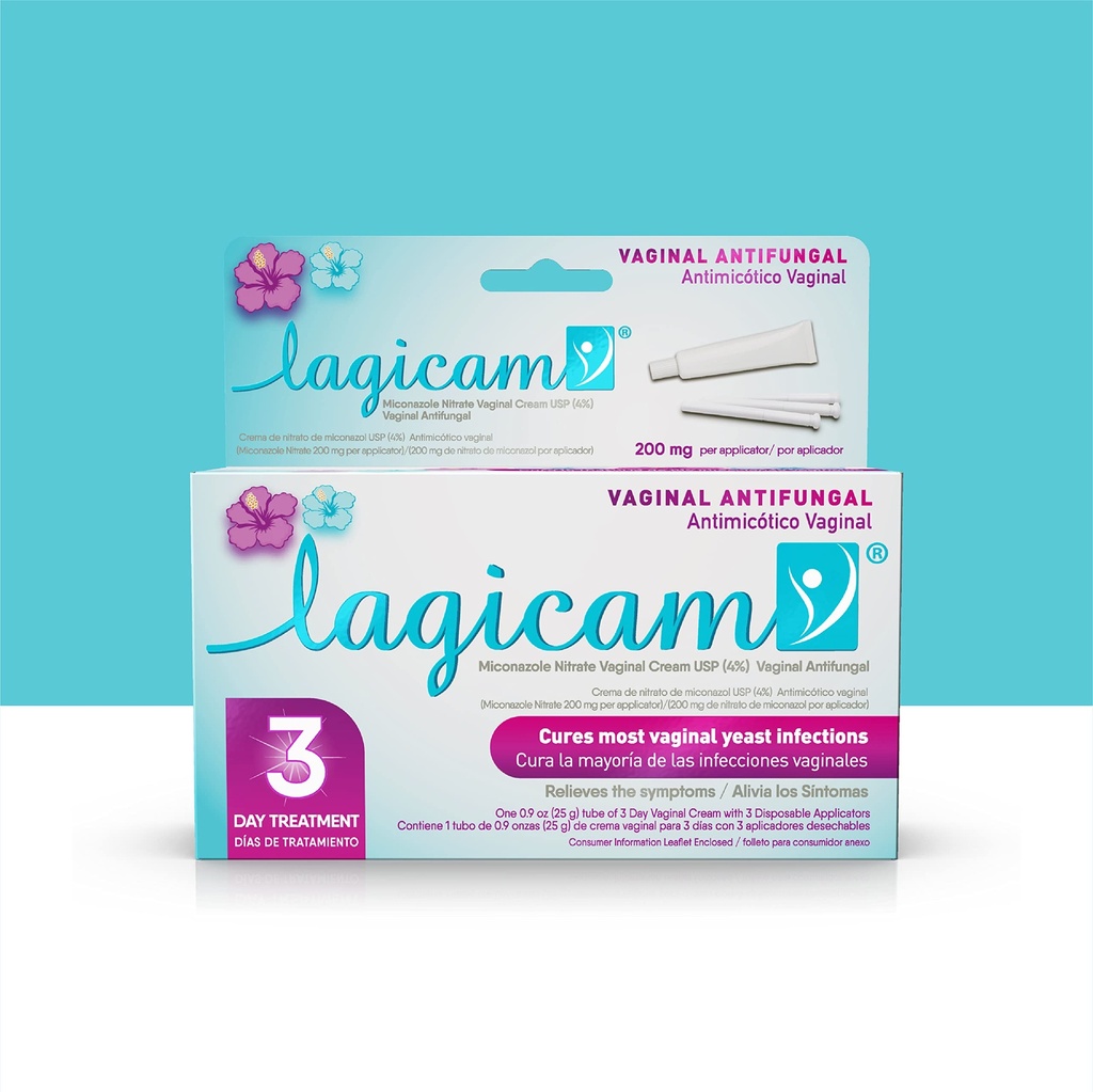 Lagicam 3 Day Waginal Yeast Infection Treatment for Women, Zacznij pracę pierwszego dnia, Miconazole azotan, krem przeciwgrzybiczy łagodzi swędzenie i podrażnienie, 3 jednorazowych wnioskodawców i krem (1 opakowanie)