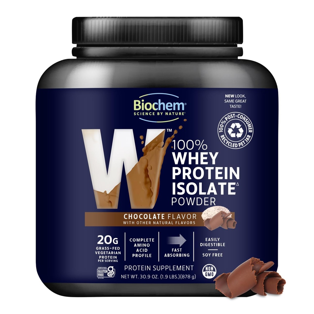 Biochem 100% Serwatka Isolate Protein Powder, Czekoladowy Flavor, 20g Grass- Fed Protein, Keto Friendly, Gluten Free, Wegetarianin, Łatwy Digestible, 30.9 oz, 28 Służenie