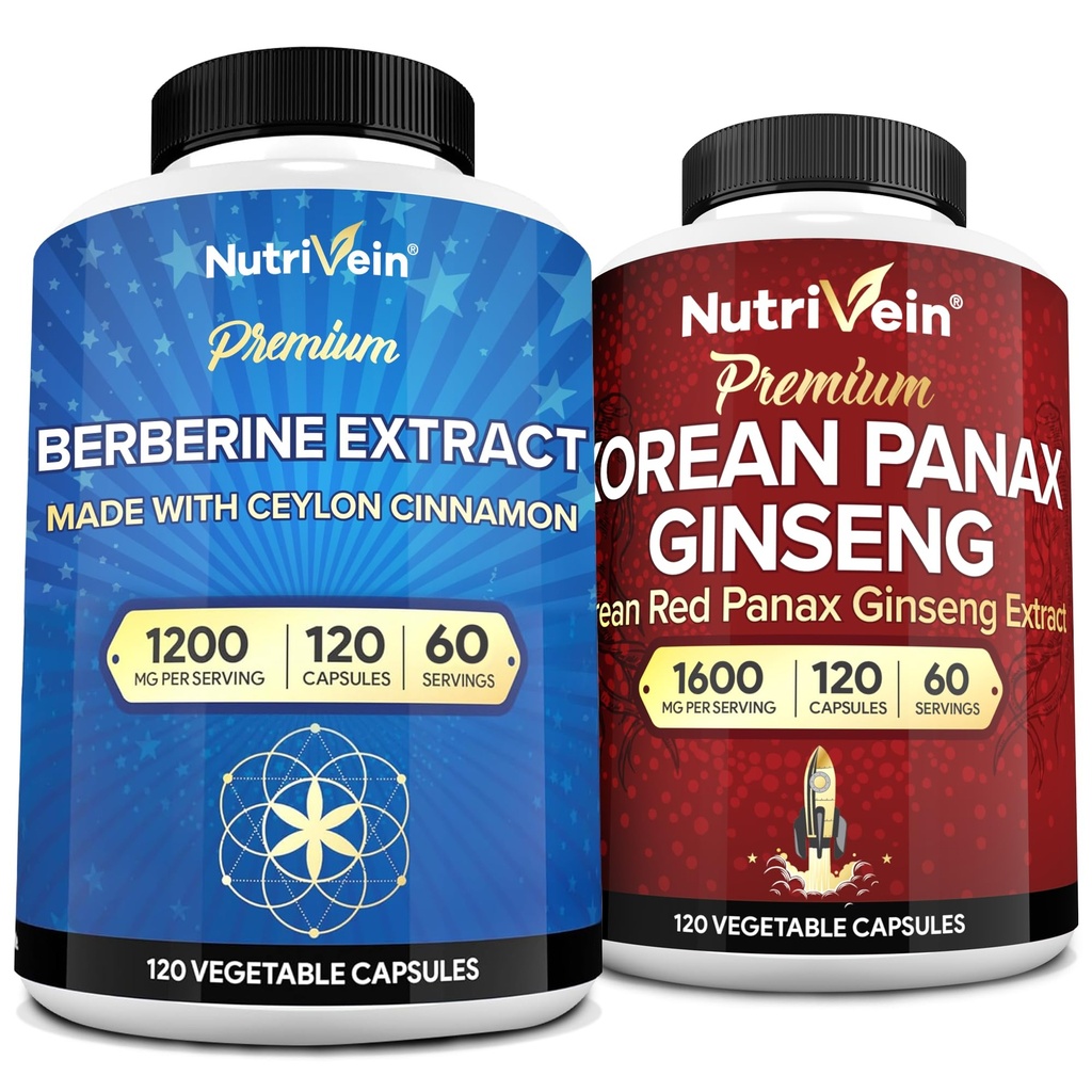 Żywność odżywcza Premium Korean Panax Ginseng Supplement & Berberine Supplements Bundle: Wysoka Absorpcja Berberine Complex & Genuine Red Ginseng Bundle for Daily Clarity, Vitality, & Wellness