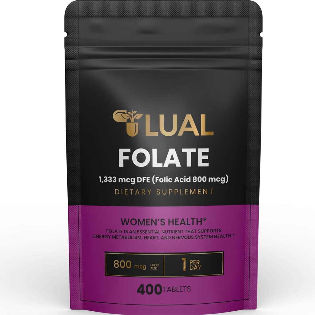 LUAL Folate Supplement for Women Pregnancy | Acido Folico para Mujer Embarazada Folate Dietary Supplement 1,333 mcg DFE (Folic Acid 800 mcg) 400 Count
