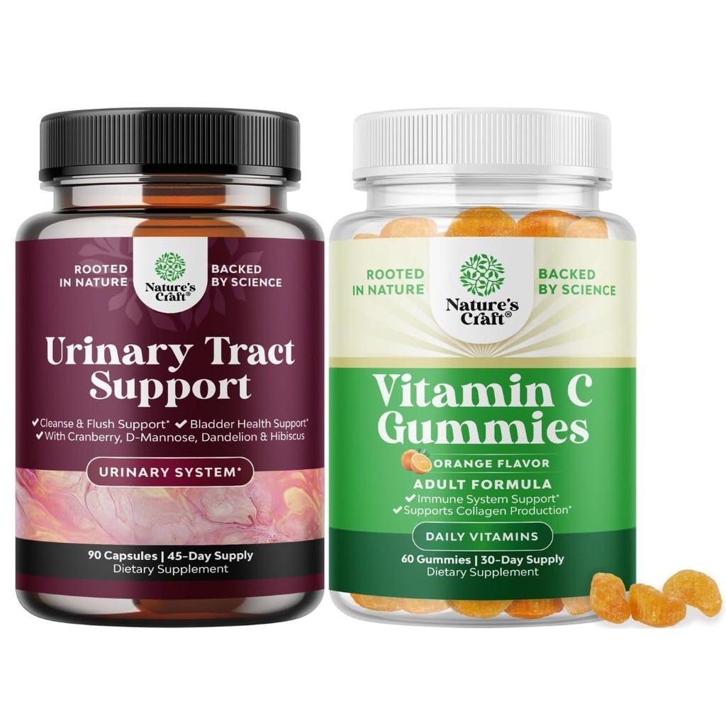 Zestaw D Kapsułki mannozy do stosowania w moczu Tract Health for Women Fast Acting Super Concentrated Cranberry 90ct and Chewable Witamina C Gummies dla dorosłych - Halal Witamina C Immune Support Gummies