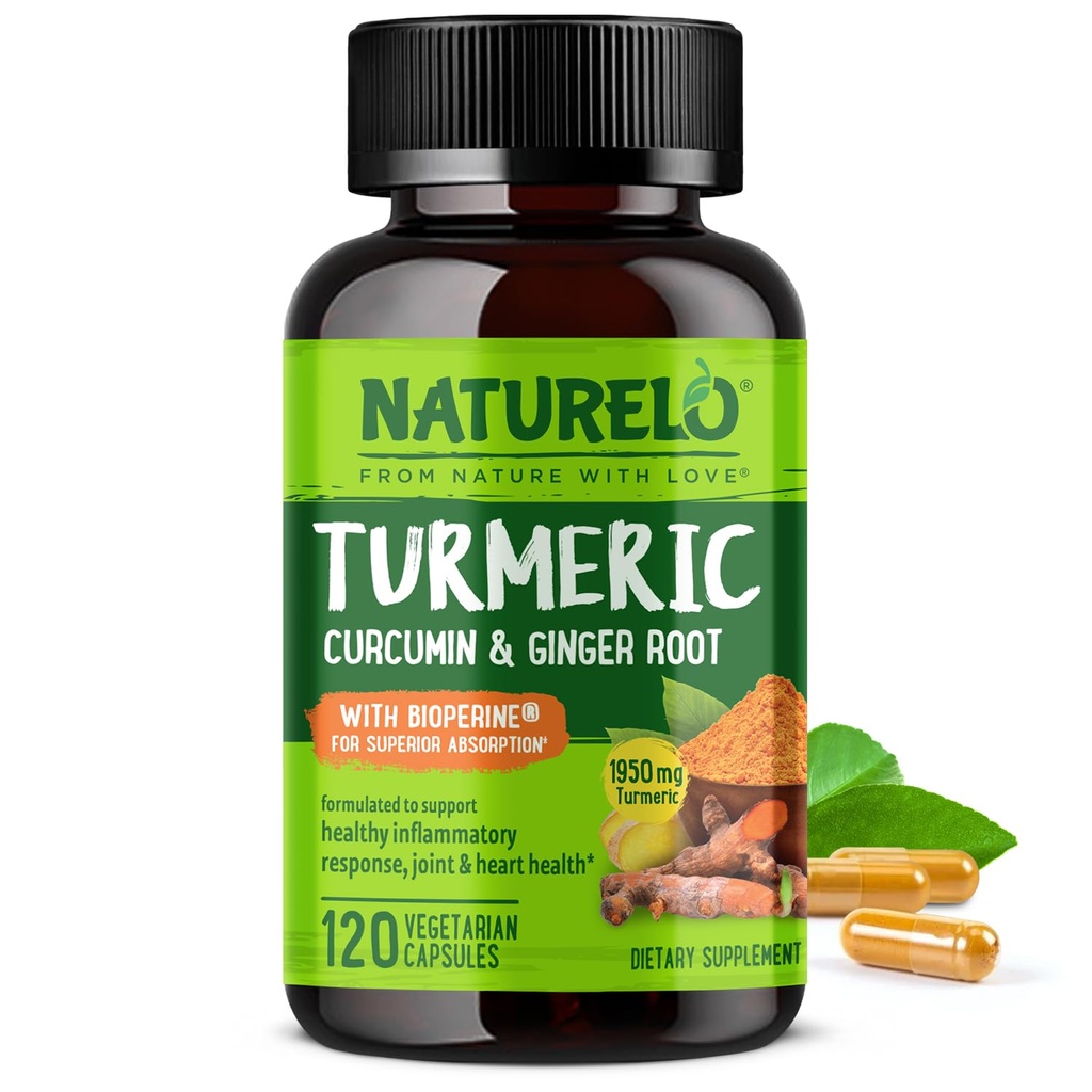 NATURELO kurkumina turmerowa - BioPerine dla lepszej absorpcji - Pieprz czarny, korzeń imbiru, kurkuminoidy - Wspólne wsparcie dyskomfortu plantacyjnego - 120 Kapsułek wegańskich