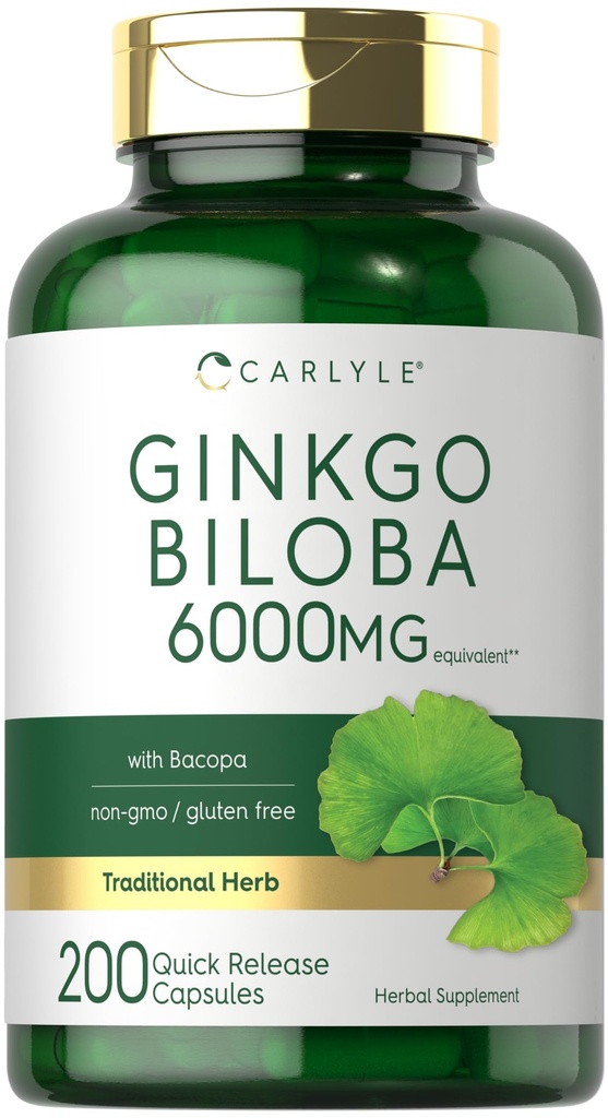 Carlyle Ginkgo Biloba Pigułki 124; 6000mg 124; 200 Kapsułek 124; z Bacoba Extract 124; Dodatkowa siła, Non-GMO i Gluten Wolny suplement ziołowy