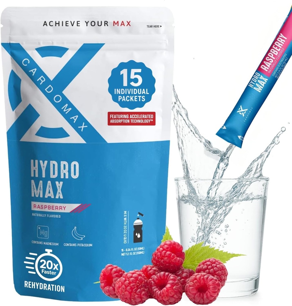Hydromax Electrolyte Drink Mix - Malina 15 Pakiety płynne z potasu i magnezu - Zero cukru, Keto i Wegan Elektrolity do szybkiego nawodnienia i suplementu odzyskiwania