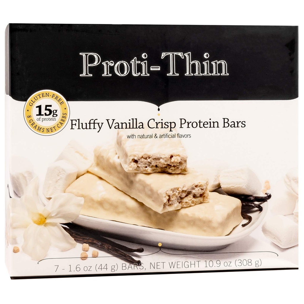 Proti- Cienkie Fluffy Vanilla Crisp Protein Bars, 15 g Protein, Niskie Calorie, Bardzo Niskie Carb (VLC), Niski Tłuszcz, Wysokie Fiber Snack Bar, KETO Diet Friendly, Ideal Protein Compatible, No gluten Ingredients, 7 / Box
