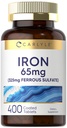 Carlyle Żelazny siarczan 325mg, 65 mg 124; 400 Tabletki 124; Non-GMO, Gluten Free i suplement wegetariański 124; Wysoka potencja