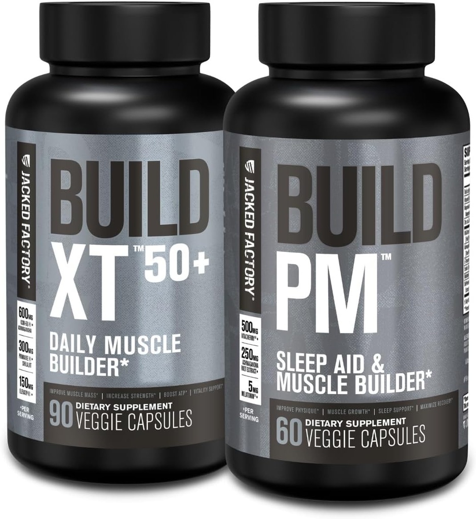 Jacked Factory Build- XT 50 + Daily Muscle Builder (90 kapsułek) & Build PM Night Time Muscle Builder & Sen Aid (60 kapsułek) for Muscle Growth, Vitality, & Recovery